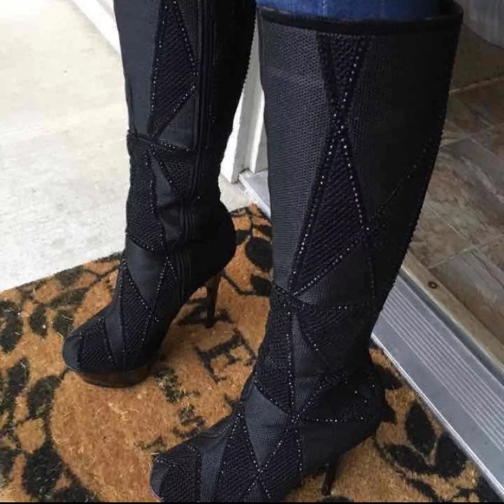 Bebe black fabric high heeled boots with rhinestones in size 7.